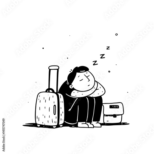 "Exhausted traveler resting with luggage. This vector illustration captures essence of travel fatigue in a charming style, ideal for travel-related designs or blogs."
