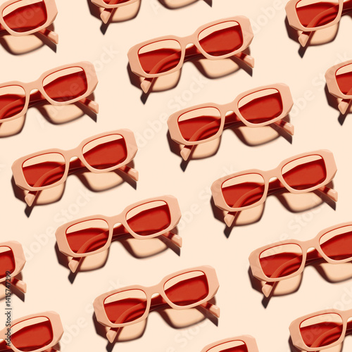 Obraz na płótnie Minimal pattern of Stylish sunglasses with pink Frame on peach beige color background, sunlight shadow, summer fashion plastic-framed glasses. Aesthetic top view eyewear, geometric patterns w salonie