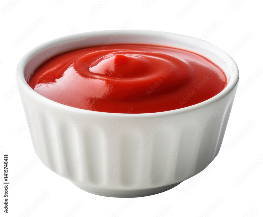 Red sauce in a white ceramic bowl on transparent background – ketchup, salsa, tomato dip, spicy dressing, close-up, isolated food concept