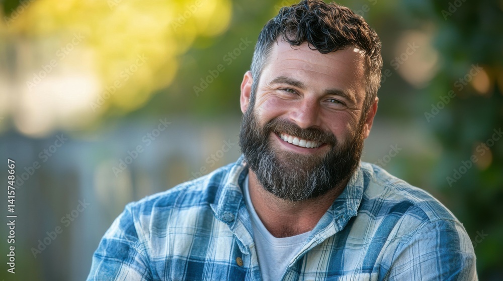 A man with a beard and a plaid shirt is smiling A man with a beard and a plaid shirt is smiling