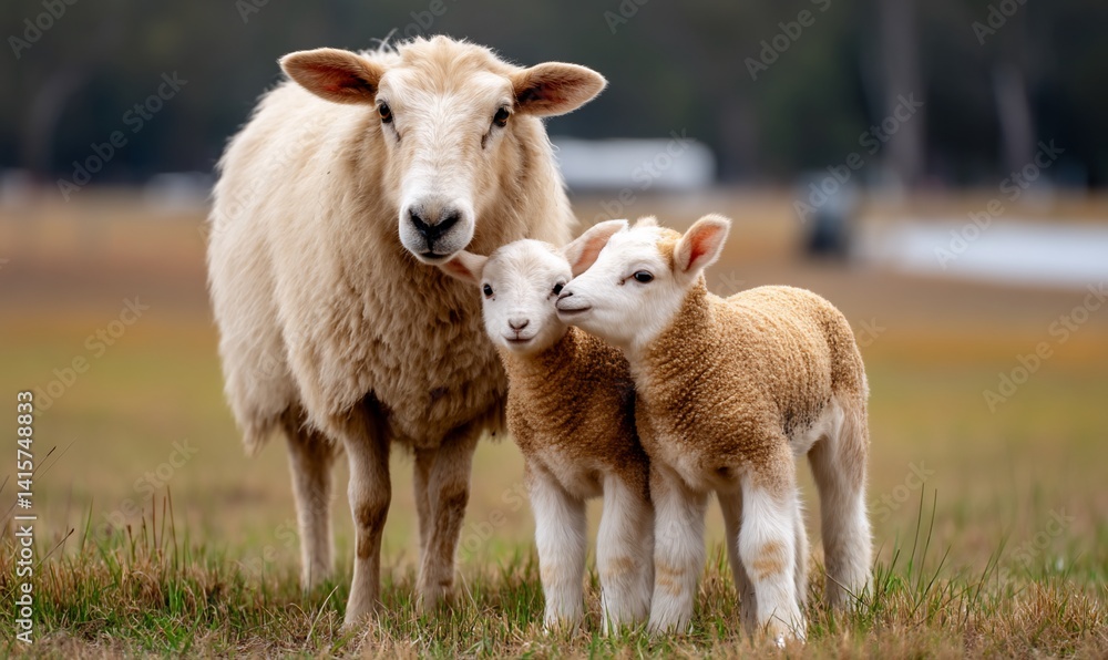 Obraz premium Sheep family portrait, ewe with two lambs. Farm scene, outdoor, close-up shot. Motherly love, cozy look