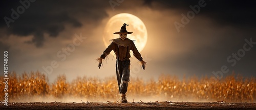 Scarecrow in a field under a full moon. The night sky is dark and the moon glows