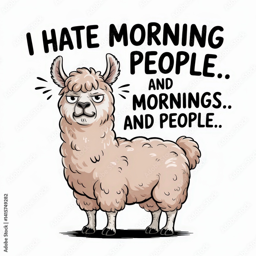 Fototapeta premium Funny llama cartoon expressing morning frustration, perfect for comedic contexts. funny quotes t-shirt