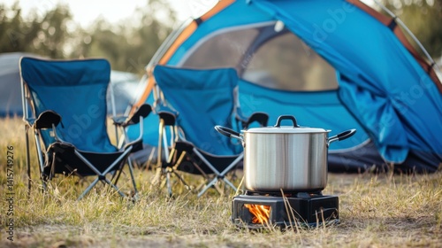 Obraz na płótnie food cooking, tourism and travel concept - close up of camping pot on tourist gas burner, blue tent and two folding chairs at camp w salonie
