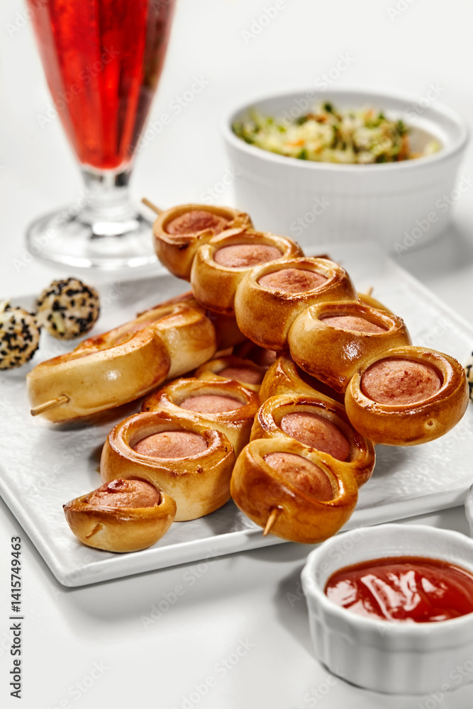 Sausage rolls on skewers served with ketchup and salad, refreshing drink on white table