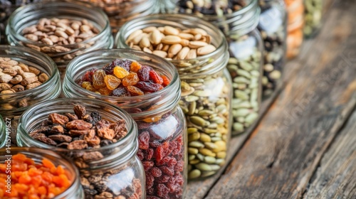 Fototapeta Naklejka Na Ścianę i Meble -  food storage, healthy eating and diet concept - close up of jars with dried fruits, seeds and nuts on table