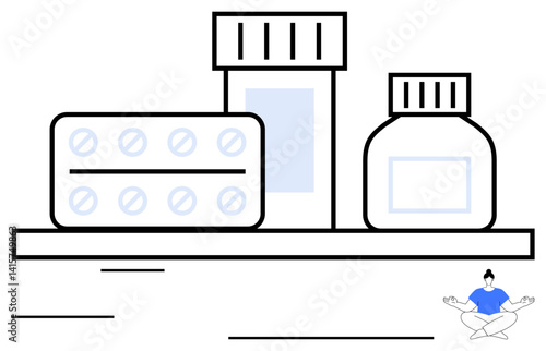 Medication blister pack, jar, and bottle arranged on tidy shelf, paired with meditating figure for holistic wellness concept. Ideal for health, pharmacy, self-care, balance, mindfulness recovery
