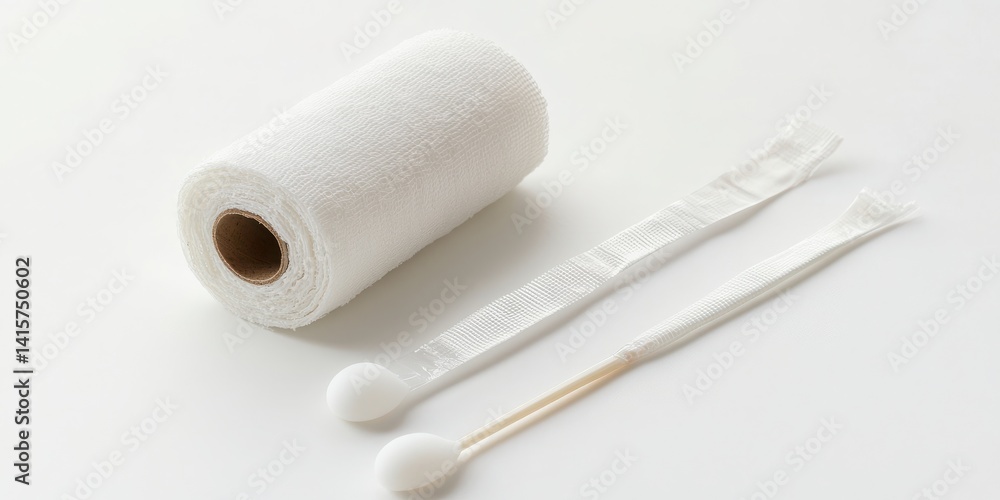Fototapeta premium Cotton Roll and Swabs on White Background