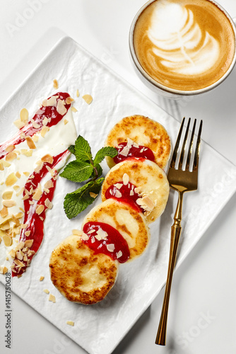 Cottage cheese pancakes, syrniki, with raspberry jam, sour cream and almond flakes, served with cappuccino