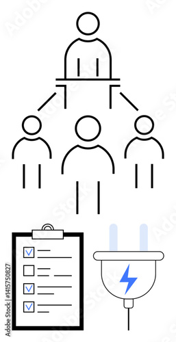 Simple organizational hierarchy above checklist with visible tasks and plug icon representing energy and power. Ideal for teamwork, workflow, task management, efficiency, organization, renewable