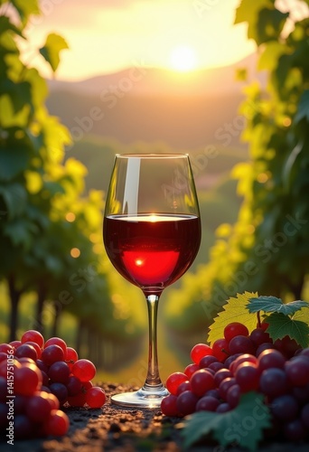 Wallpaper Mural elegant red wine glass surrounded lush vineyard landscape grapes vine foliage warm natural light, nature, liquid, beverage, reflection, sunset, view, drink Torontodigital.ca