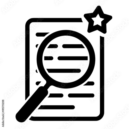 Magnifying glass and document icon with star representing favorite search interface or verified information highlight - concept of content review or spotlight