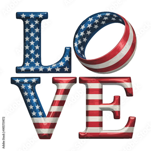 Letters spell out the word LOVE styled in stars and stripes reminiscent of the American flag