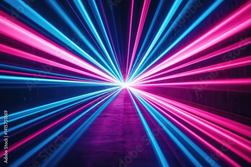 Neon pink and blue laser lights converge in a dark tunnel, creating a vibrant, futuristic atmosphere.