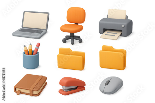 3d office essentials icon set: laptop, chair, printer, and more for productivity