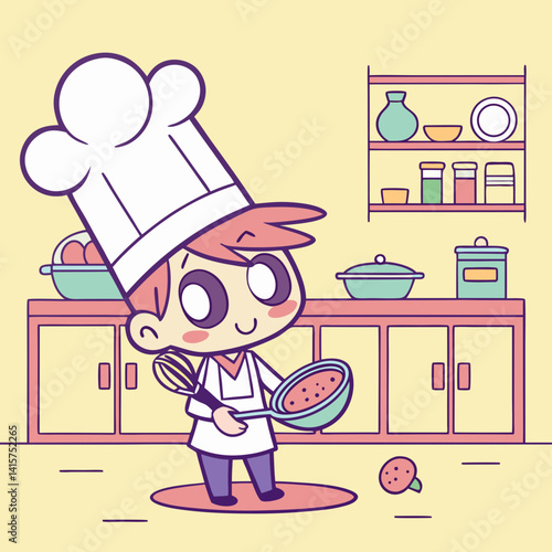 Cute chibi chef in a whimsical kitchen with a giant hat and whisk, perfect for kids' designs and culinary-themed artwork.