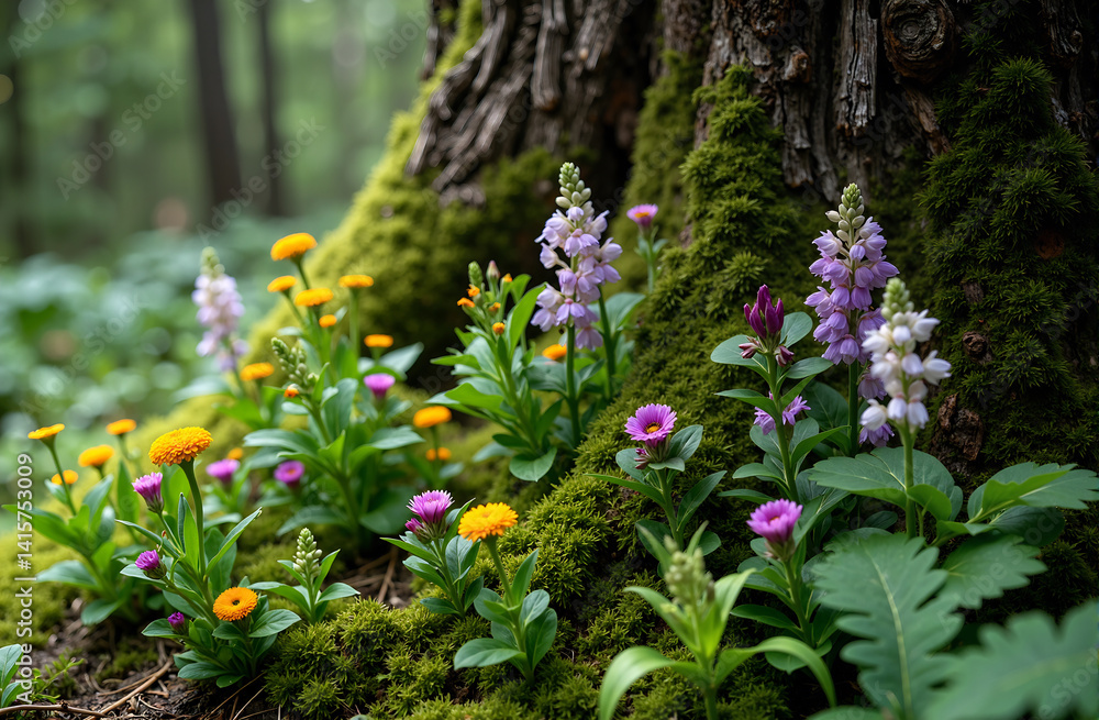 Fototapeta premium Assortment of wildflowers and ferns growing at the base of a mossy tree trunk in the forest