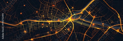 Abstract digital city map glowing with orange light trails on roads and nodes against a dark background. Concept for navigation, data flow, or smart city tech.
