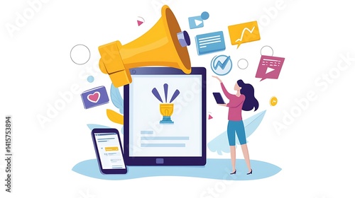 A woman is standing in front of a tablet with a large yellow speaker on it