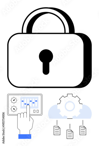 Large padlock represents security. Control panel with hand adjusting settings for data control. Gearwheel and cloud for data processes. Ideal for technology, security, data management, privacy