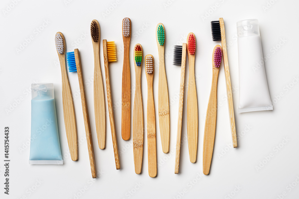 Top view of eco-friendly bamboo toothbrushes with colorful bristles and toothpaste tube on white background, Natural organic bathroom beauty product concept, dental hygiene, minimal flat lay