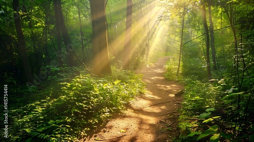 Sunbeams shining through trees onto a tranquil forest path. Lush green foliage and warm light create a serene, hopeful natural landscape scene. Journey concept.
