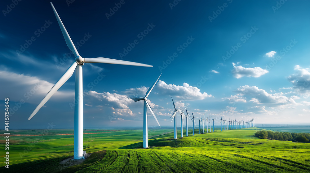 group of wind turbines spinning on a vast green field, group of wind turbines spinning on a vast green field,