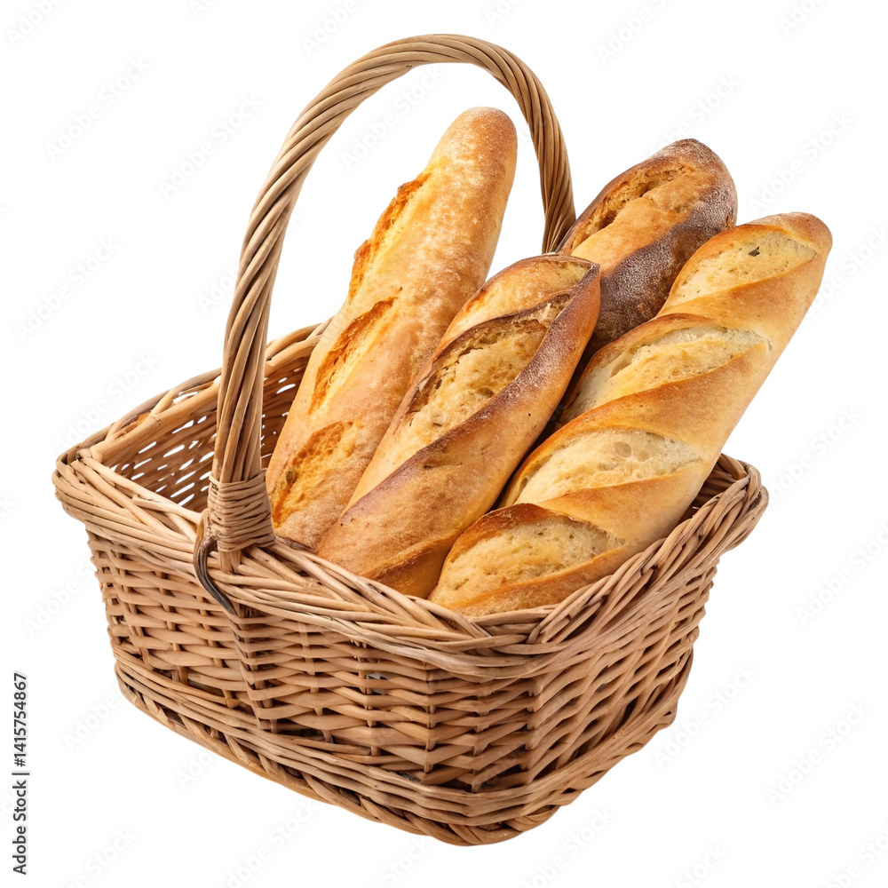 Realistic wicker basket filled with golden brown crusty French baguettes, isolated on a transparent background. Realistic wicker basket filled with golden brown crusty French baguettes, isolated on a transparent background.