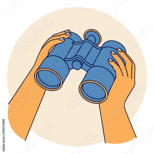 Hands Holding Binoculars Illustration: Observation, Searching, Discovery, and Exploration.