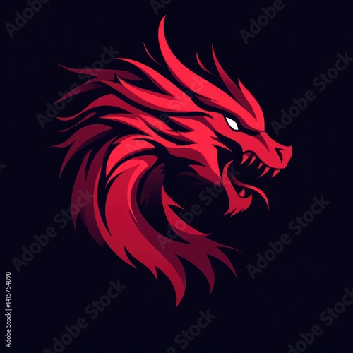 Bold abstract logo featuring a fierce red dragon head with intricate details and dynamic shapes symbolizing power and energy