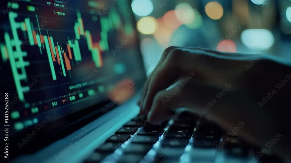 Close up of trading charts on a laptop with hand on the keyboard analyzing data Close up of trading charts on a laptop with hand on the keyboard analyzing data