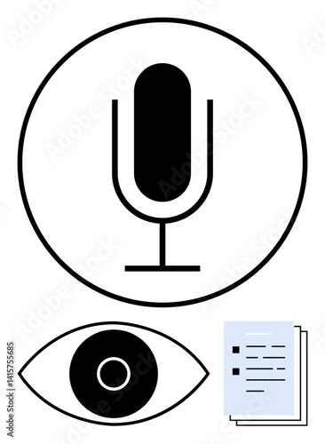 Microphone in circle, eye, and documents symbolize communication, audio recording, observation, documentation. Ideal for podcasts, voice control, technology research data analysis media simple