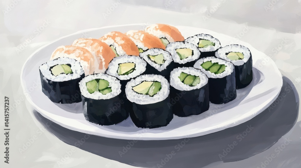 Assorted Sushi Rolls with Cucumber and Avocado Assorted Sushi Rolls with Cucumber and Avocado