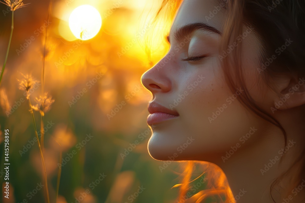 Sunset glow highlights a woman enjoying a peaceful moment in a field Sunset glow highlights a woman enjoying a peaceful moment in a field