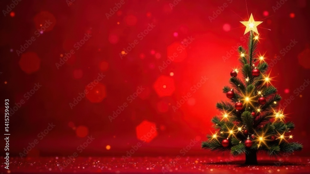 Christmas background with xmas tree and sparkle bokeh lights on red canvas background. Merry christmas card. Winter holiday theme. Happy New Year. Space for text Christmas background with xmas tree and sparkle bokeh lights on red canvas background. Merry christmas card. Winter holiday theme. Happy New Year. Space for text