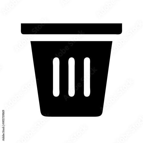 A bold black icon of a solid trash bin with vertical slots, representing waste disposal, cleanliness, and organization.