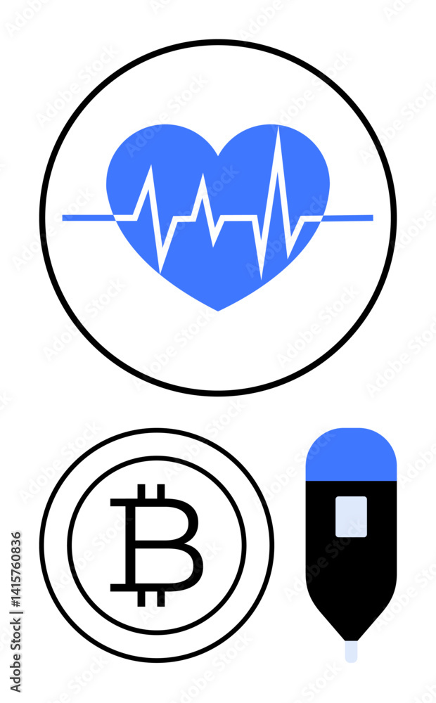 Blue heart with heartbeat line, Bitcoin coin, and glucometer. Ideal for health, finance, blockchain, innovation, technology medical care and modern life representation. Flat simple metaphor Blue heart with heartbeat line, Bitcoin coin, and glucometer. Ideal for health, finance, blockchain, innovation, technology medical care and modern life representation. Flat simple metaphor