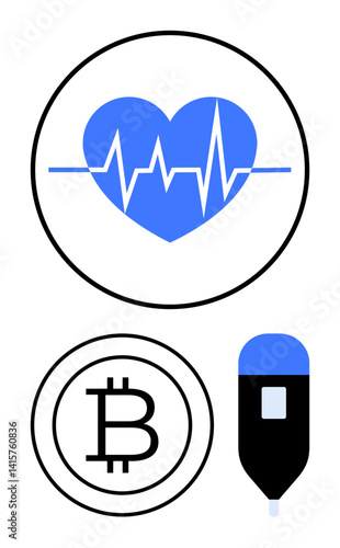 Blue heart with heartbeat line, Bitcoin coin, and glucometer. Ideal for health, finance, blockchain, innovation, technology medical care and modern life representation. Flat simple metaphor
