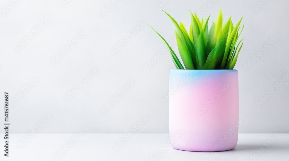 Vibrant potted plant on a light background. A small, vibrant green plant sits in a pastel pink and blue ombre pot. Simple and stylish decor Vibrant potted plant on a light background. A small, vibrant green plant sits in a pastel pink and blue ombre pot. Simple and stylish decor