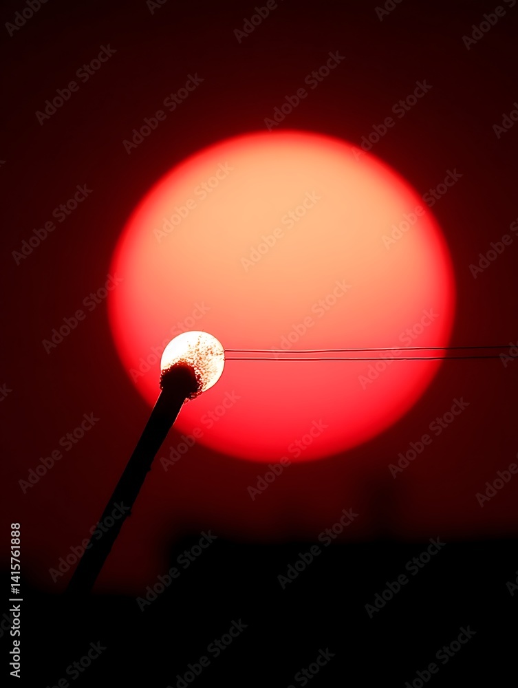 Fototapeta premium A round object with a stem, positioned in front of a large red sphere. There are some wires behind the object. There is a dark horizon below the objects.