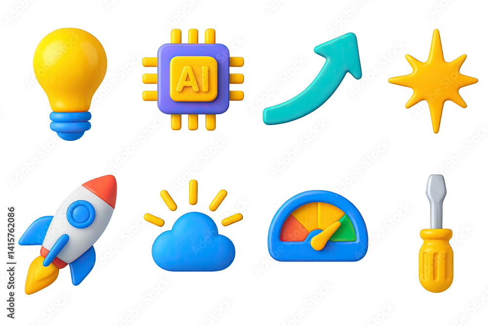 3D icon set of mobile innovation apps: lightbulb icon, AI chip, progress arrow, creative spark, launch rocket, brainstorming cloud, innovation meter, smart tool. 3D icon set of mobile innovation apps: lightbulb icon, AI chip, progress arrow, creative spark, launch rocket, brainstorming cloud, innovation meter, smart tool.