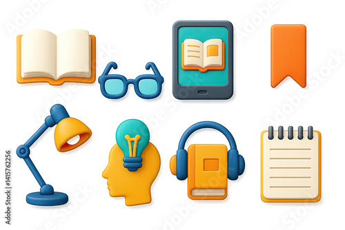 3D icon set of reading and learning: open book, reading glasses, tablet eBook, bookmark, study lamp, knowledge icon, audio book, notepad.