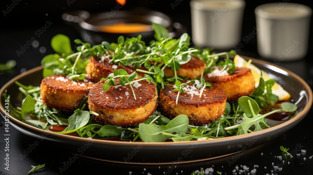 Plated fried cakes with green garnish Plated fried cakes with green garnish