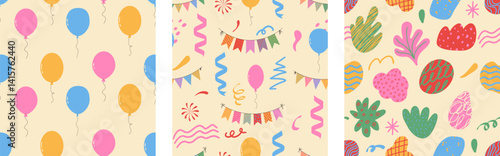Buntings , balloons, organic shapes seamless pattern. Collection for birthday, carnival and party.