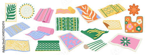 Wool carpets and textile mats. Set of decorative rugs with abstract, ethnic, and floral patterns for interior design