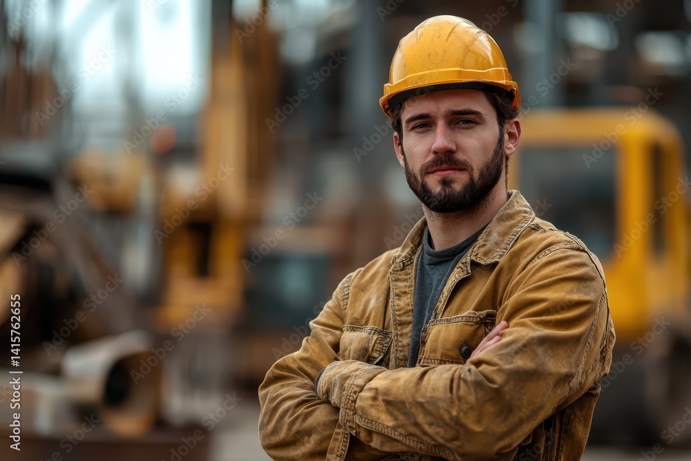 Construction worker poses confidently at a busy construction site with heavy machinery in the background during the daytime Construction worker poses confidently at a busy construction site with heavy machinery in the background during the daytime