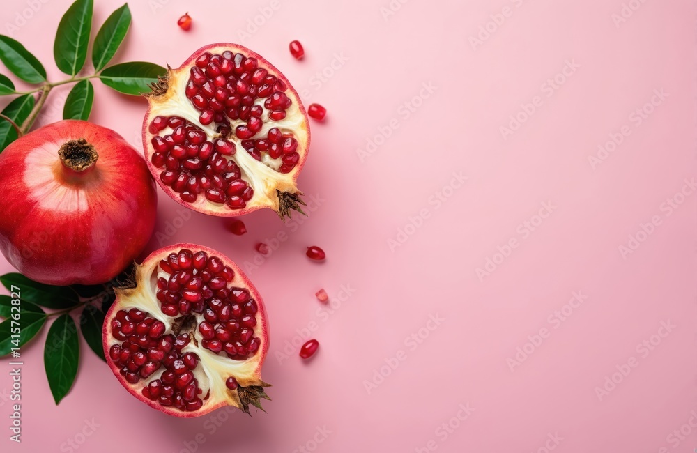 Ripe pomegranate fruit with seeds top-down on pink background. Healthy organic vegetarian sweet juicy food, diet, antioxidant vitamins source. Garnet fruit cut, fresh, raw for juice. Space for text. Ripe pomegranate fruit with seeds top-down on pink background. Healthy organic vegetarian sweet juicy food, diet, antioxidant vitamins source. Garnet fruit cut, fresh, raw for juice. Space for text.