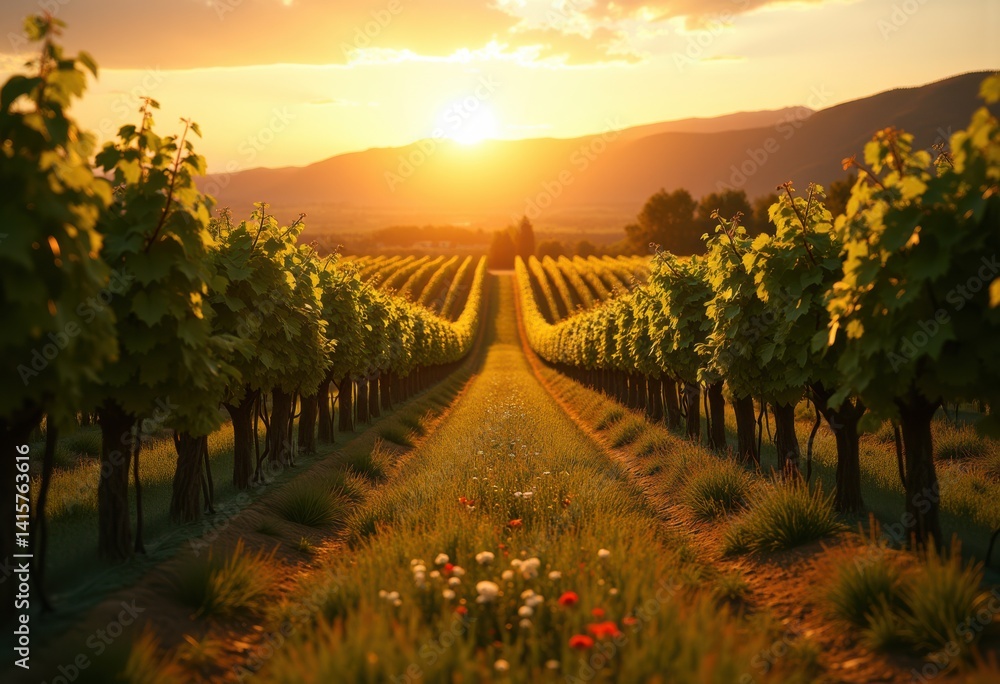 Fototapeta premium vineyard row golden sunset glow grape vines nature landscape tranquil serenity countryside harvest vineyard horizon, field, flora, sky, eve, light, plantation