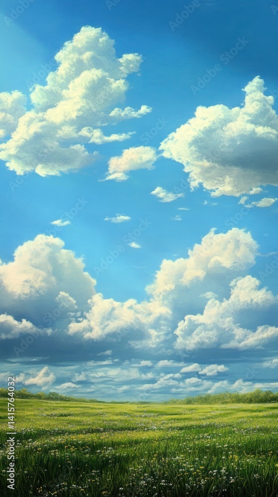 A bright blue sky filled with fluffy white cumulus clouds A bright blue sky filled with fluffy white cumulus clouds