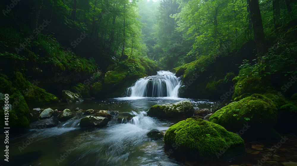 Fototapeta premium A serene summer waterfall nestled deep in a mountain forest, with the clear water tumbling over moss-covered rocks.